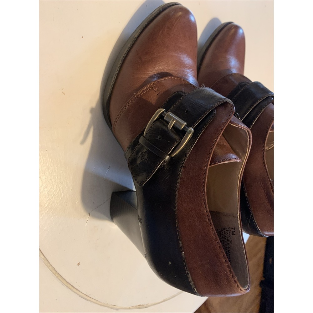 LIZ&CO Womens Brown Black Leather Buckle Ankle Boots Heels 7M